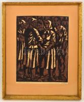 Réti Mátyás (1922-2002): Beszélgetők. Színes linó, papír, jelzett, üvegezett keretben, 27×37 cm