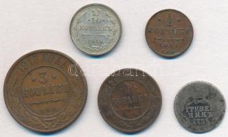 Orosz Birodalom 1785. 10k Ag "II. Katalin" + 1903. 1k Cu 1911. 1/2k Cu + 1913. 3k Cu + 191...
