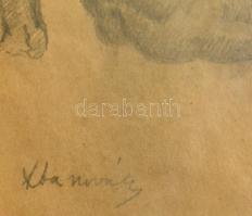 Olvashatatlan jelzéssel: Női akt háttal. Ceruza, papír, üvegezett keretben, 23×16 cm