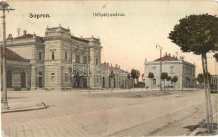 1911 Sopron, Oedenburg; Déli pályaudvar, vasútállomás, villamos. Kiadja Monsberger Gottfried / Südbahnhof (EK)