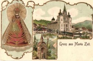 Mariazell, Basilika, Gnadenknapelle / Basilica, church, chapel, Mary statue, holy image. Art Nouveau, Emb. golden litho (vágott / cut)