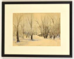 Rácz Kálmán (1908-1994): Téli erdő. Akvarell, papír, jelzett, üvegezett keretben, 20×29 cm
