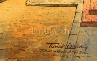 Turiák Ödön (1884-1937): Tabán, Kereszt tér. Akvarell, papír, jelzett, üvegezett keretben, 23×16 cm