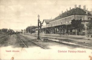 1907 Párkánynána, Párkány-Nána, Stúrovo; Vasútállomás, gőzmozdony. Kiadja Özv. Neumann Gézáné / Bahnhof / railway station, locomotive (fl)