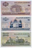 2012. 500K "Balatoni Korona" helyi pénz, "000000" sorszámmal + 2012. 1000K "...