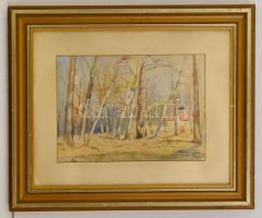 Kássa Gábor (1893-1961): Ház az erdőben. Akvarell, papír, jelzett, üvegezett keretben, 24×34 cm