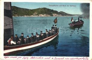 Dampfbarke mit Boot im Schlepp. K.u.K. Kriegsmarine / WWI Austro-Hungarian Navy steam barge towing a boat of mariners. G. C. Pola 1912/13. (EK)