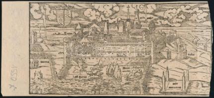 cca 1550-1600 A budai királyi palota nyugat (Tabán) felöl, in: Münster, Sebastian: Cosmographia Universalis, fametszet, az egyik szélén kis hiánnyal, 9x17,5 cm