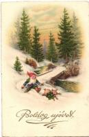 Boldog újévet! / New Year greeting art postcard, dwarf, pig, litho
