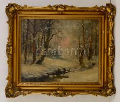 Petheő A. László (?-?): Téli erdő patakkal. Olaj, vászon, keretben, 44×54 cm