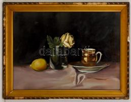 Jelzés nélkül: Asztali csendélet citrommal. Olaj, karton, üvegezett keretben, 36×48 cm