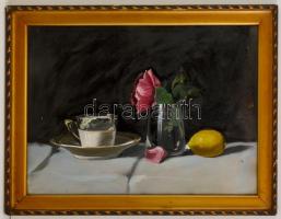 Jelzés nélkül: Asztali csendélet citrommal. Olaj, karton, kis lyukkal, üvegezett keretben, 36×48 cm