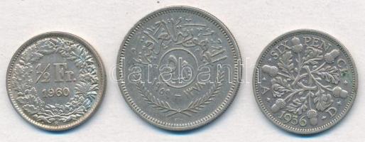 3db klf külföldi ezüstpénz, közte Irak 1959. 50f Ag, Nagy-Britannia 1936. 6p Ag "V. György&quot...