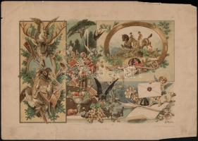 cca 1890-1900 Dekorative Vorbilder szecessziós műlapok, köztük litho, témák: vadászat, rokokó, stb., sérültek, 6 db