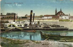 Komárom, Komárnó; Duna, kikötő, Stefánia oldalkerekes vontató gőzhajó / port with Hungarian towing steamship (apró szakadás / tiny tear)