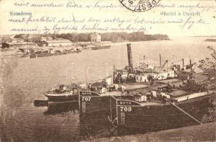 Komárom, Komárnó; részlet a Dunáról, MFTR 707 és 708 uszályok / port, barges (EK)