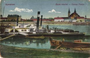 Komárom, Komárnó; Duna, kikötő, Stefánia oldalkerekes vontató gőzhajó / port with Hungarian towing steamship (EB)