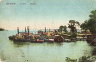 Komárom, Komárnó; kikötő, Pannonhalma oldalkerekes vontató gőzhajó / port, Hungarian towing steamships (EB)