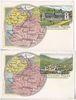 Trencsénteplic, Trencianske Teplice; térkép. Wertheim Zsigmond kiadása / map. Art Nouveau, litho - 2 db régi képeslap / 2 pre-1900 postcards