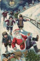 Karácsonyi Üdvözlet / Christmas greeting postcard, Saint Nicholas, humour, litho (EK)