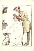 Cserkész fodrász. Kiadja a Magyar Cserkészszövetség Nagytábortanácsa 1926. / Scout boy hairdresser, art postcard. s: Márton L. (Rb)