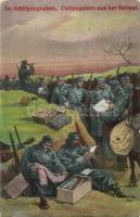 Im Schützengraben. Liebesgaben aus der Heimat / WWI Austro-Hungarian K.u.K. military, soldiers in the trenches with gifts from home + Feldpost (kopott sarok / worn corner)