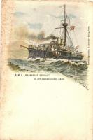 SMS Kronprinz Rudolf an der dalmatinischen Küste. K.u.K. Kriegsmarine art postcard. A. Reinhard's Verlag Fiume s: R. Hochberg  (fl)