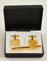 Aranyszínű mandzsettagomb párban, nyakkendőtűvel, jó állapotban, dobozban