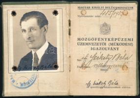 1937 Mozgófényképüzemi üzemvezetői fényképes igazolvány
