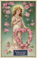 Karácsonyi üdvözlet / Christmas greeting postcard, angel, floral, litho (EK)