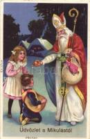 Üdvözlet a Mikulástól / Christmas greeting card, Saint Nicholas, litho