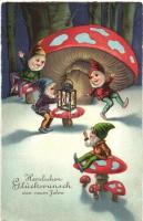 Herzlichen Glückwunsch zum neuen Jahre / New Year greeting card, dwarf, mushroom, litho (EK)