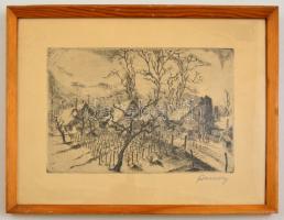 Remsey Jenő (1885-1970): Falu részlet. Rézkarc, papír, jelzett, üvegezett keretben, 19×29 cm
