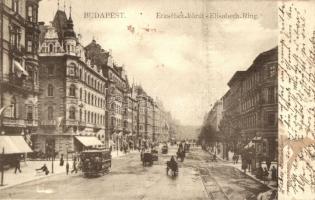 1907 Budapest VII. Erzsébet körút, villamos, üzletek (fl)