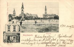 1900 Kecskemét, Piac tér, Városháza, templomok, Fekete Mihály üzlete és saját kiadása (EK)