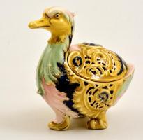 cca 1890 Zsolnay kacsa figurás bonbonier, áttört kézzel festett porcelán fajansz, jelzett, kopott aranyozással, formaszám: 4235, m:16 cm, h:17 cm