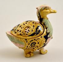 cca 1890 Zsolnay kacsa figurás bonbonier, áttört kézzel festett porcelán fajansz, jelzett, kopott ar...