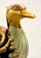 cca 1890 Zsolnay kacsa figurás bonbonier, áttört kézzel festett porcelán fajansz, jelzett, kopott ar...