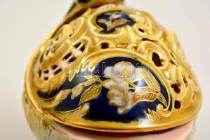 cca 1890 Zsolnay kacsa figurás bonbonier, áttört kézzel festett porcelán fajansz, jelzett, kopott ar...