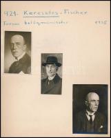 1935 Keresztes-Fischer Ferenc (1881-1948) belügyminiszter, papírlapra ragasztott fotó, 3 db, 7×3,5 és 8,5×6 cm közötti méretekben