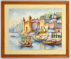 Lengyel Klára (?-): Velencei látkép. Akvarell, papír, jelzett, üvegezett keretben, 35×45 cm