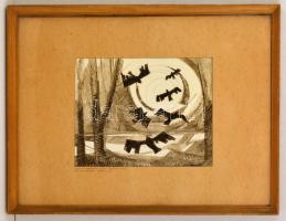 Gádor Emil (1911-1998): Felreppenő varjak. Tus, papír, jelzett (üdvözlő sorokkal "Gádorék"...