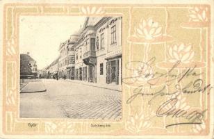 1906 Győr, Széchenyi tér, Győri Első Temetkezési Intézet, üzletek. Kiadja Rőszler Károly. Art Nouveau, floral, litho keret (EK)