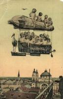 Cegléd, Választásul Czegléd gólya gyerekekkel egy léghajóban a város felett montázs. Kiadja Sárik Gyula (EM)