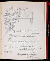 1917-1918 Díszes, aranyozott bőr emlékkönyv, aranyozott lapélekkel, bejegyzésekkel, egy-két rajzzal,...
