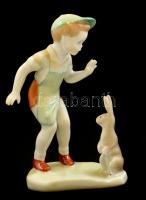 Aquincumi porcelán kisfiú nyúllal, kézzel festett, jelzett,hibátlan, m: 12 cm