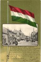 1905 Kaposvár, Korona utca, Spitzer Emil, Weinberger üzlete. Magyar zászlós litho keret, kiadja Gerő Zsigmond