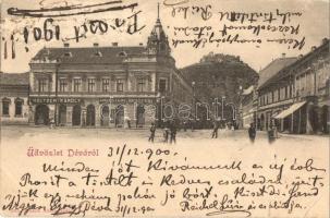 1900 Déva, Deva; utcakép, Holtzer Károly, Szőcs F. Lajos, Hirsch Testvérek üzlete, háttérben a vár. Hirsch Adolf saját kiadása / street view, shops, castle (szakadás / tear)