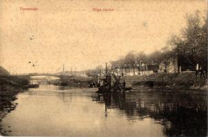 Temesvár, Timisoara; Bega részlet kotróhajóval és híddal, háttérben a dohánygyár. W. L. 144. / Bega river with dredge, bridge, tobacco factory (fl)