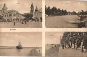 Siófok, Fő tér, Balatonvidéki Takarékpénztár, üzlet, templom, Sió folyó részlete, csónakok, gőzhajó, strand. Kiadja Sámuel Adolf (EK)